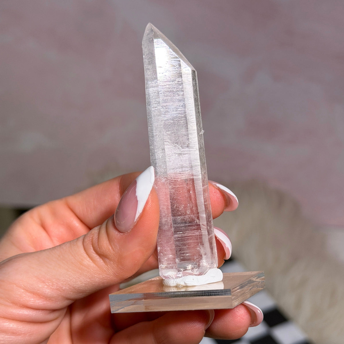 Arkansas Lemurian Quartz Point 43g on Acrylic Stand USA Crystal Decor