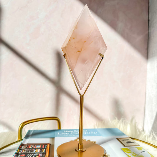 Rose Quartz Diamond on a Gold Stand #4
