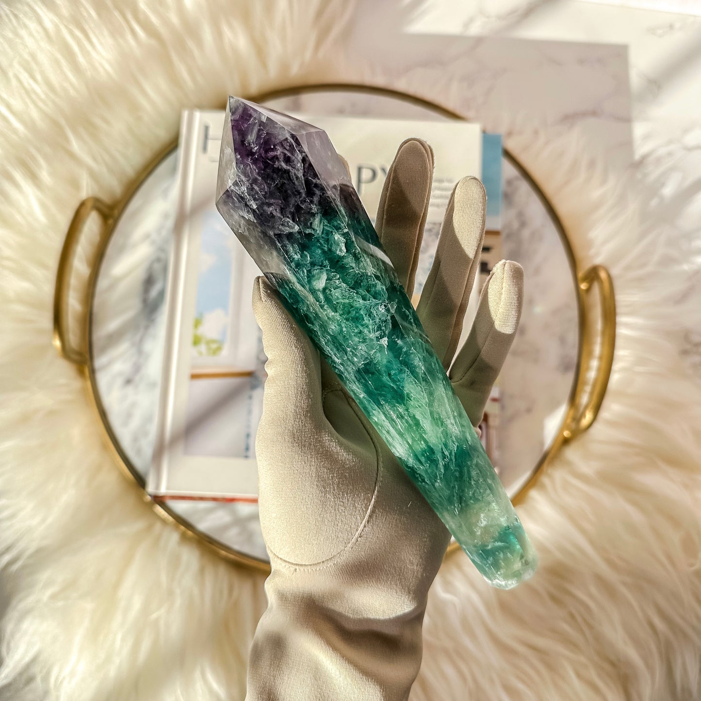 Rainbow Fluorite Scepter Point on Gold Stand ( 1 lbs 3 oz )