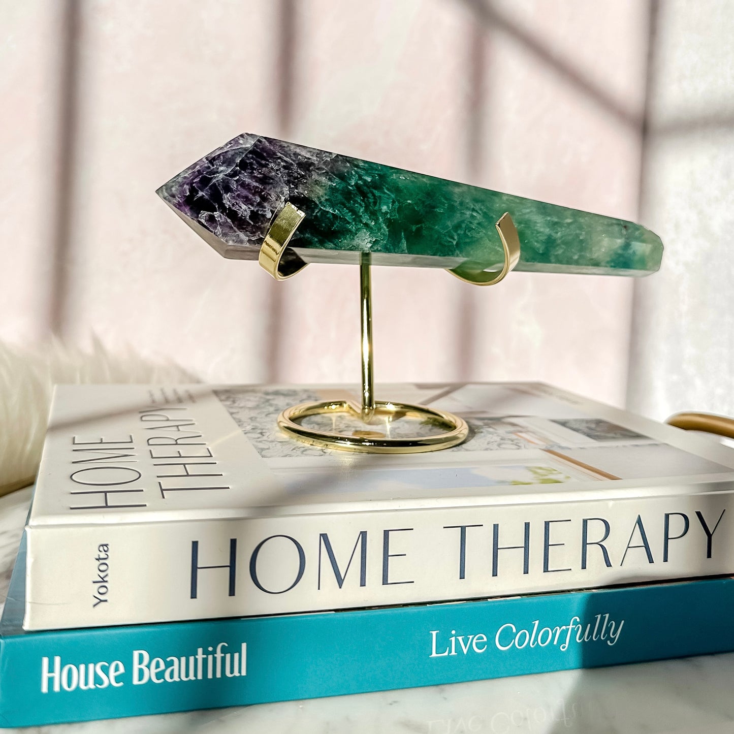 Rainbow Fluorite Scepter Point on Gold Stand ( 1 lbs 3 oz )