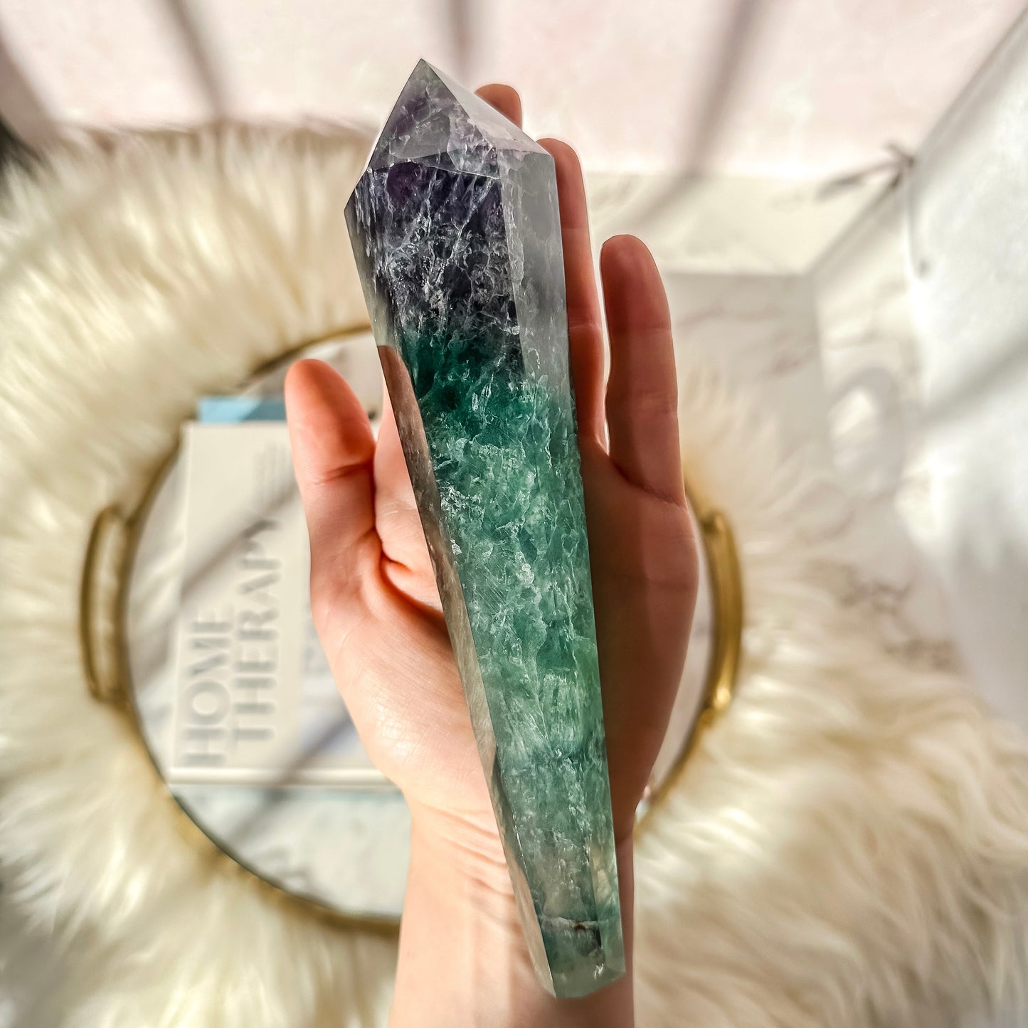 Rainbow Fluorite Scepter Point on Gold Stand ( 1 lbs 3 oz )