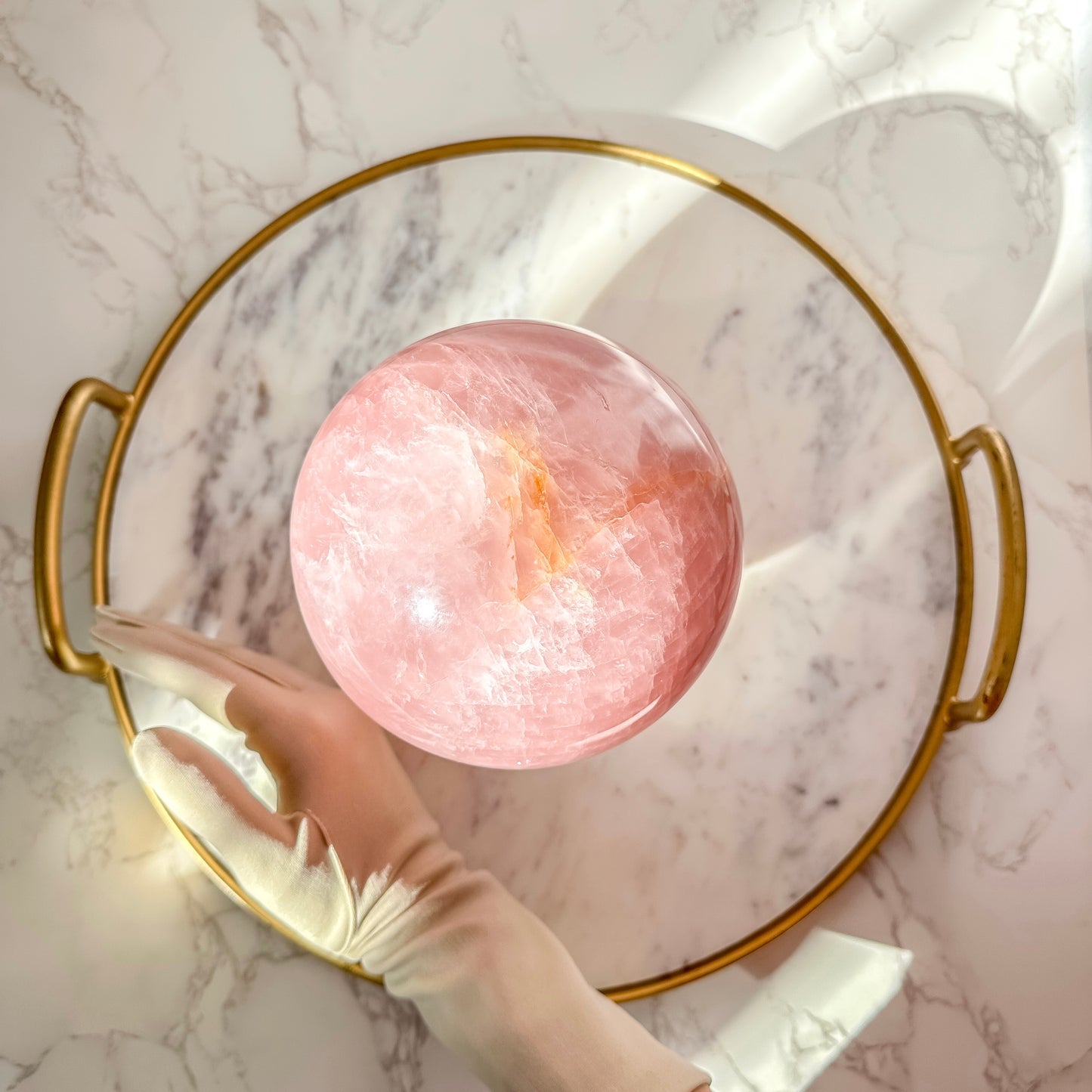 Giant High-Polish Rose Quartz Sphere on Gold Stand ( 8 lbs 8 oz )