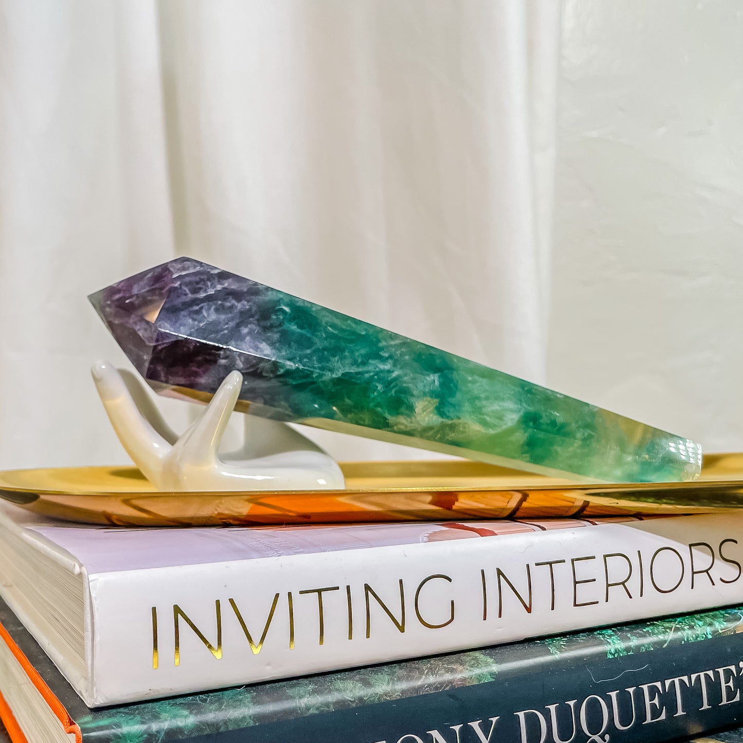 Rainbow Fluorite Scepter Point on Gold Stand ( 1 lbs 3 oz )