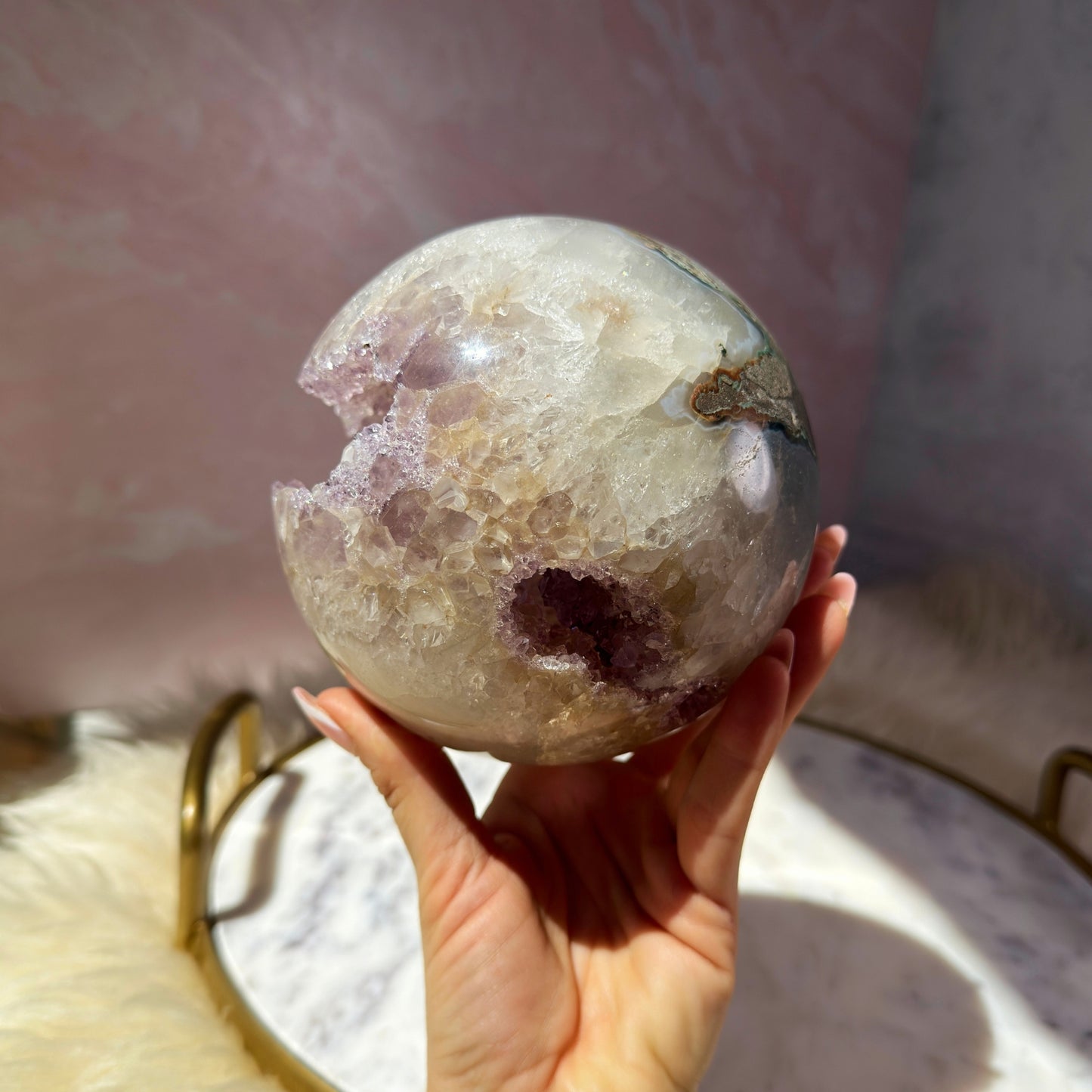 Rainbow Amethyst Sphere with Sugar Druzy on Gold Stand (4.9 lbs)