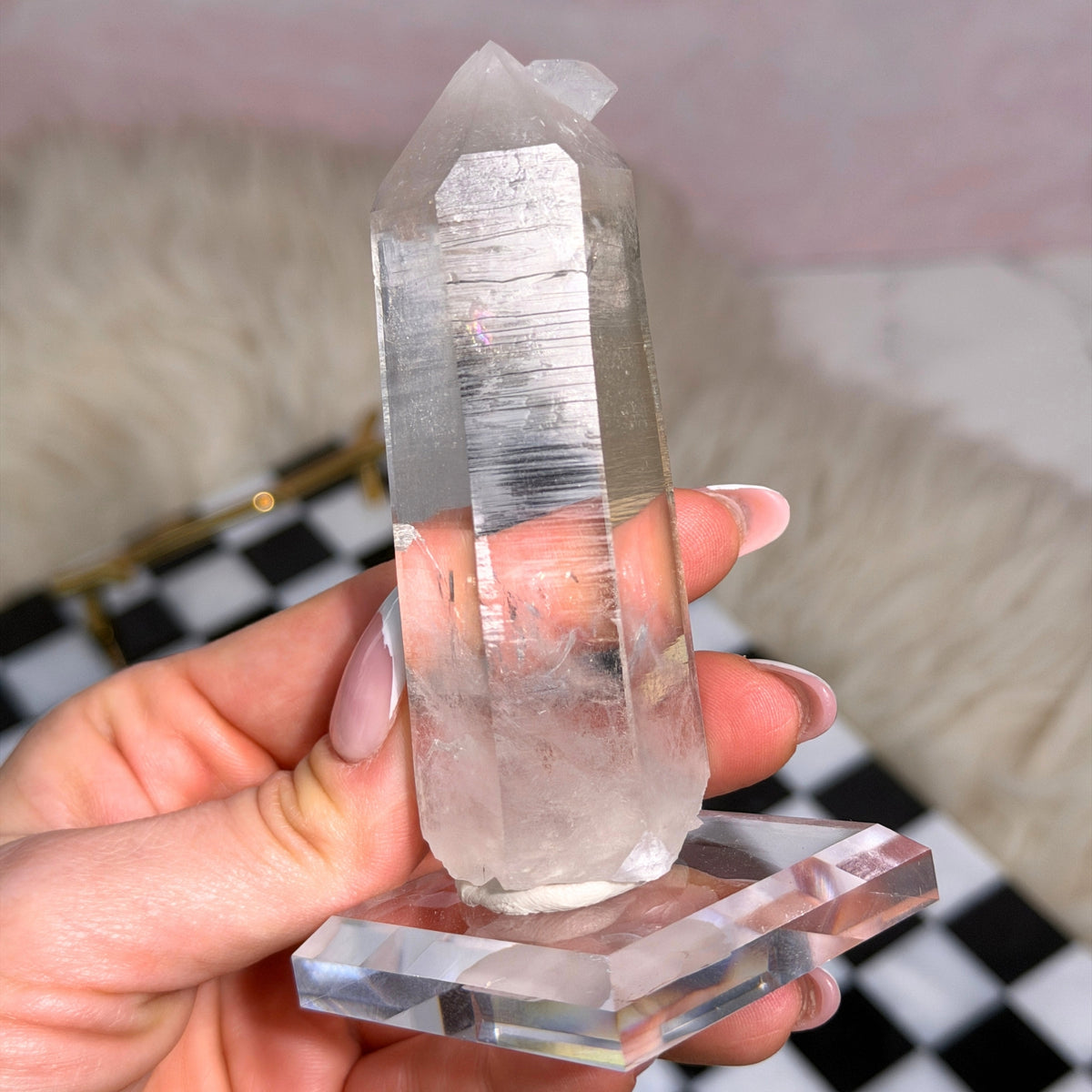 Arkansas Lemurian Quartz Point 157g on Acrylic Stand USA Crystal Decor
