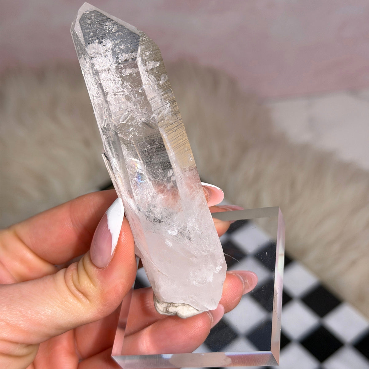 Arkansas Lemurian Quartz Point 110g on Acrylic Stand USA Crystal Decor