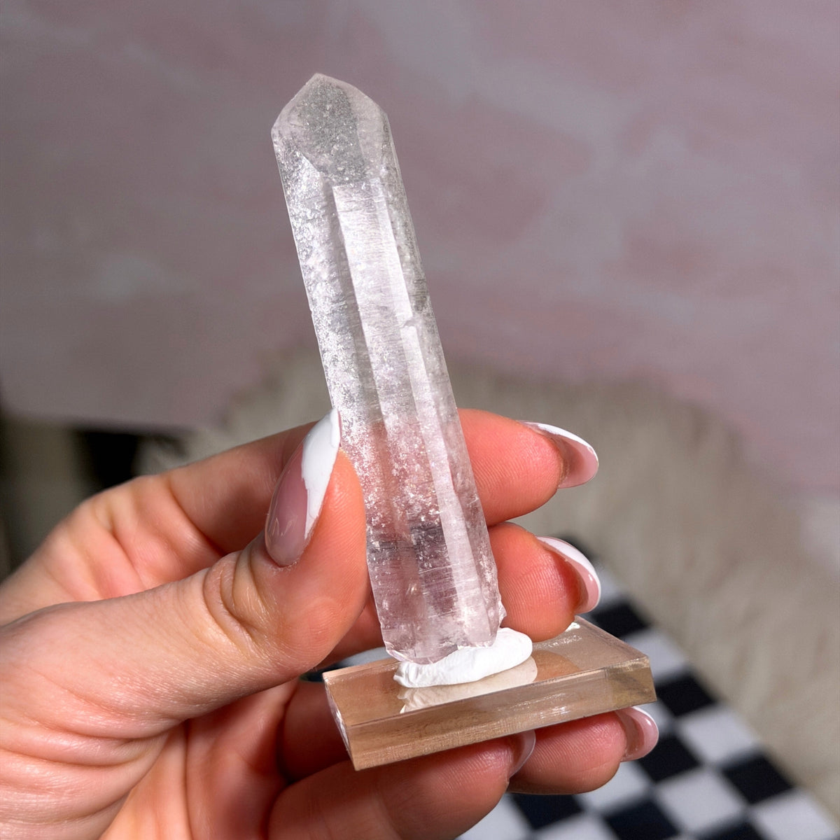 Arkansas Lemurian Quartz Point 43g on Acrylic Stand USA Crystal Decor