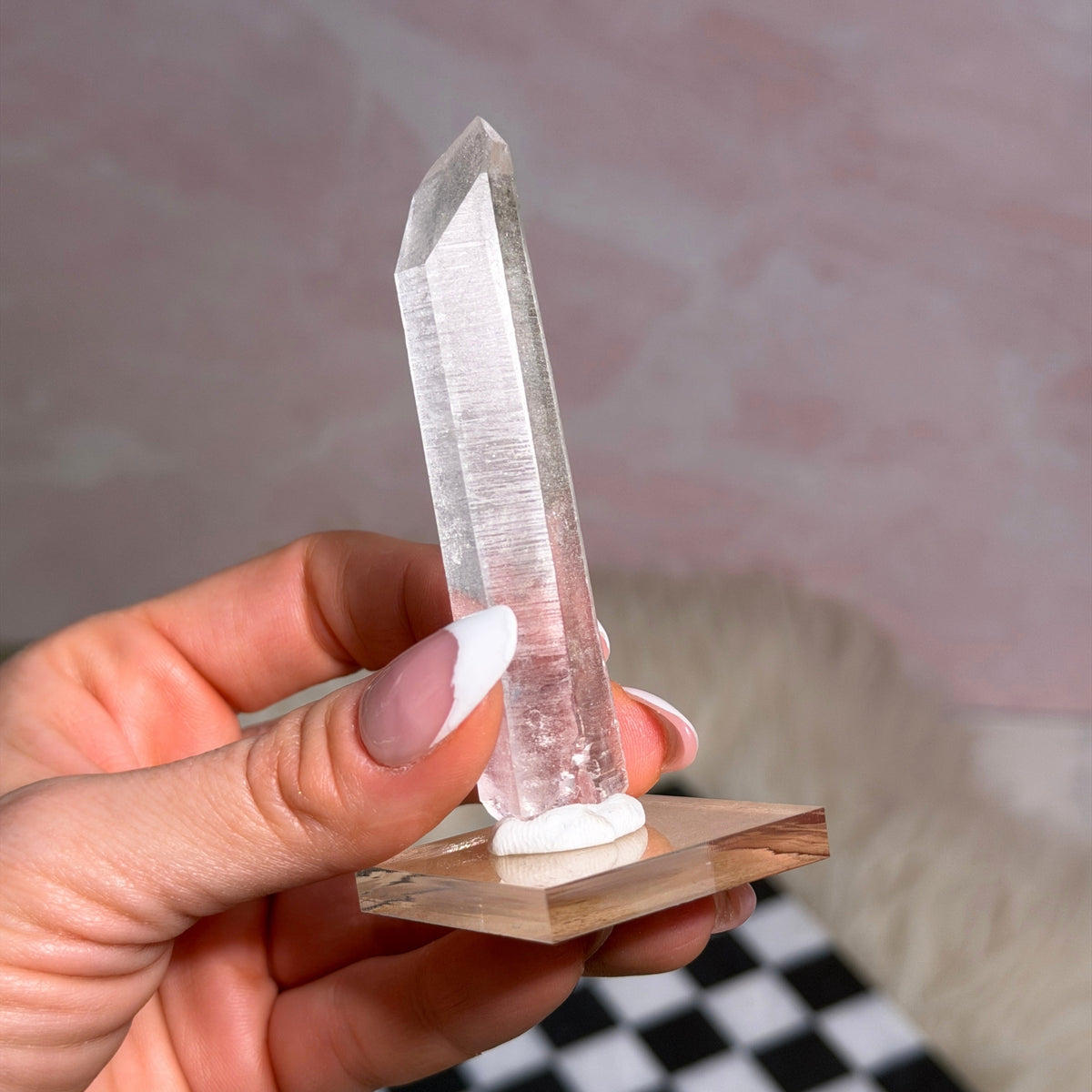 Arkansas Lemurian Quartz Point 43g on Acrylic Stand USA Crystal Decor