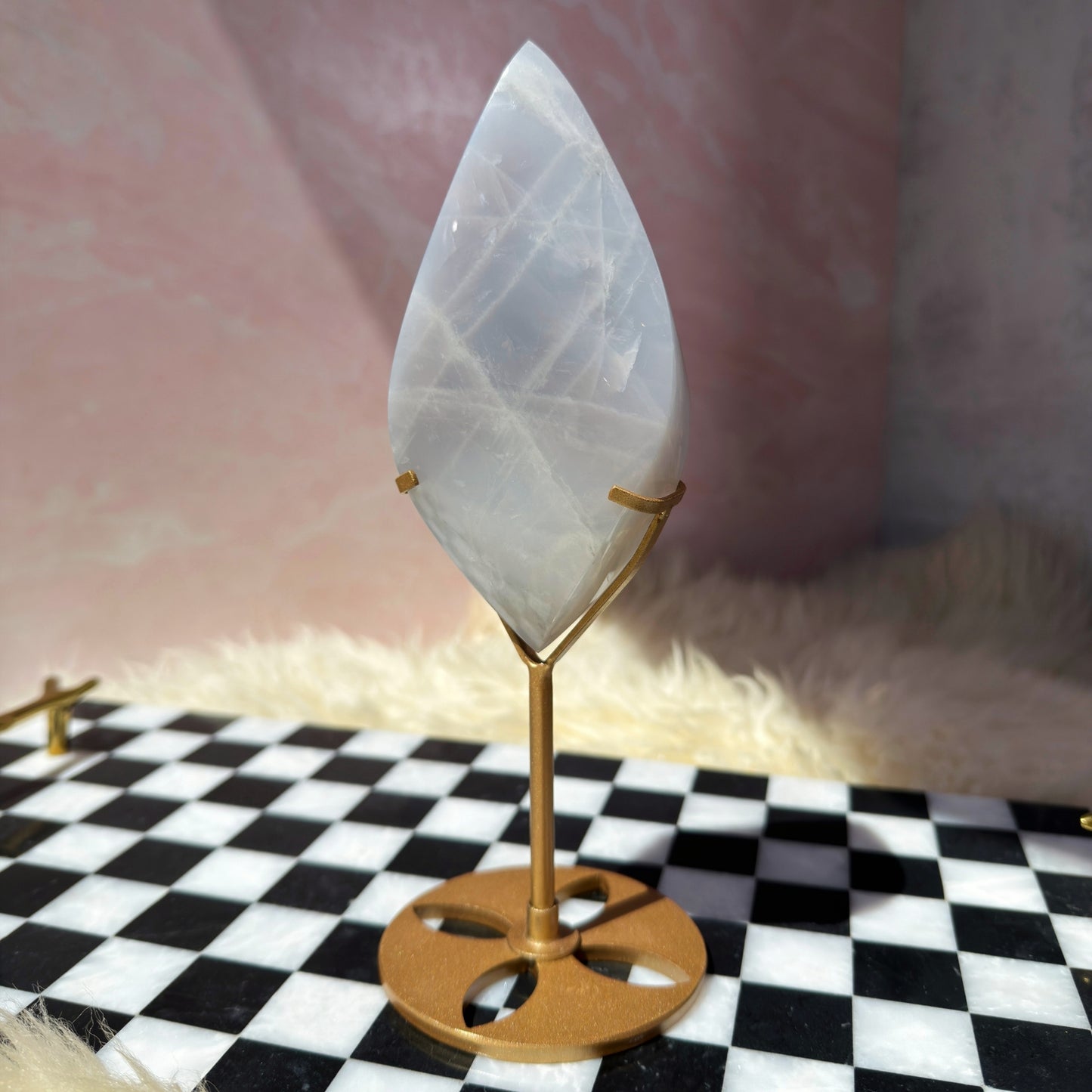 Double Terminated Blue Rose Quartz Flame on Gold Stand