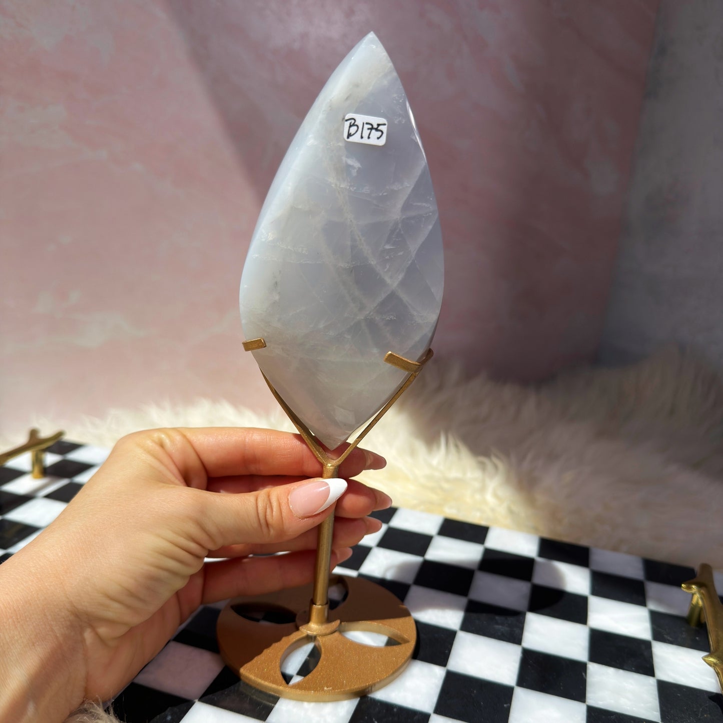 Double Terminated Blue Rose Quartz Flame on Gold Stand