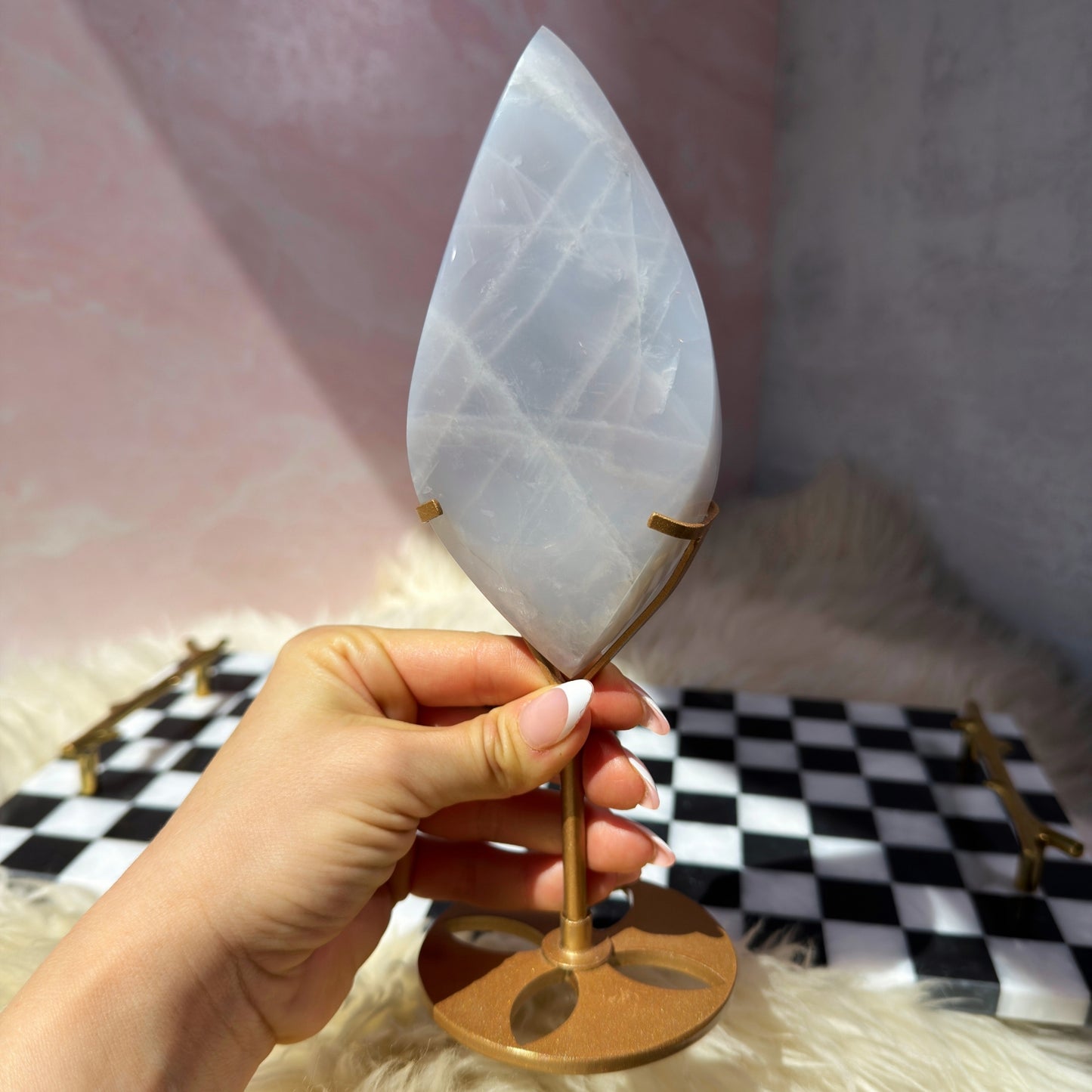 Double Terminated Blue Rose Quartz Flame on Gold Stand