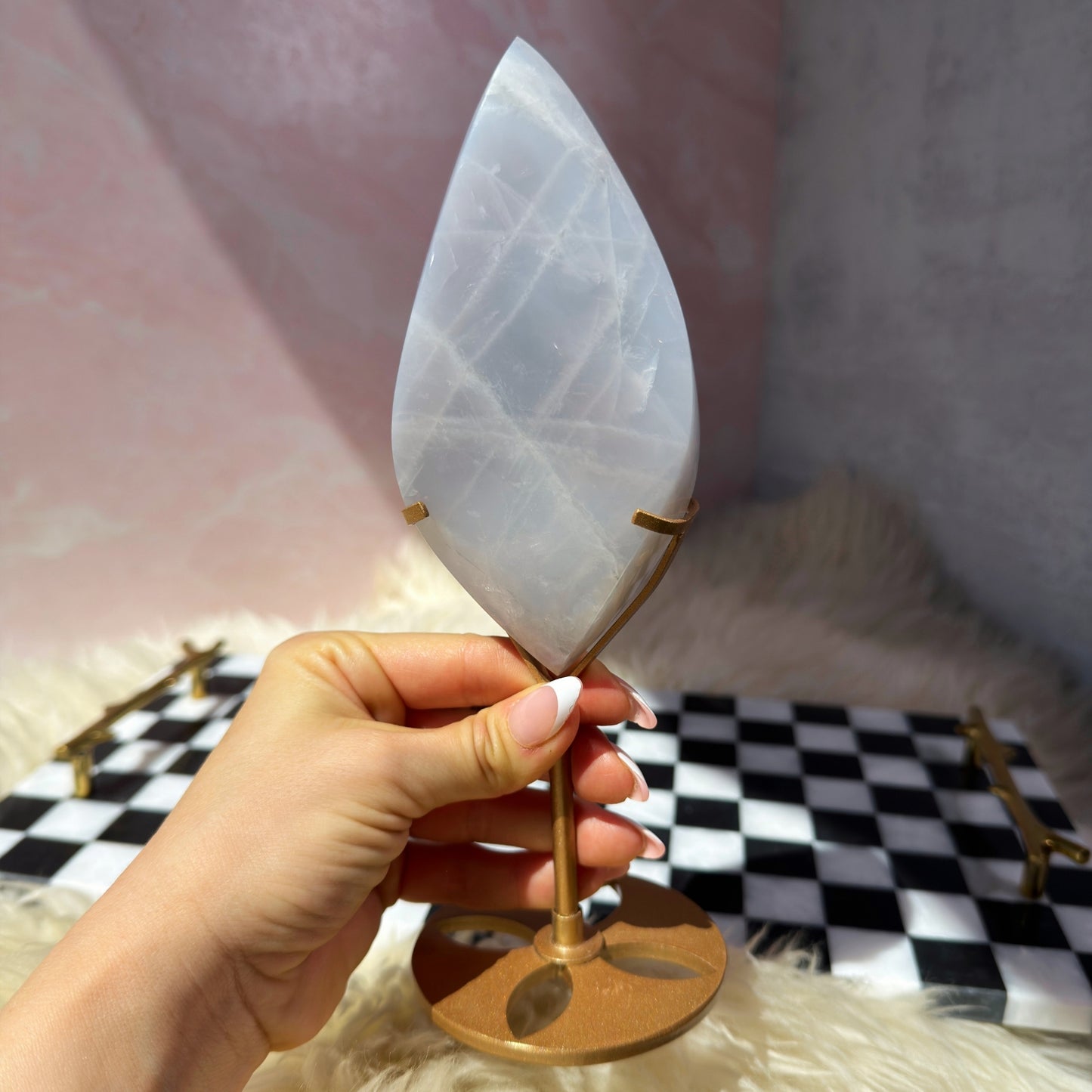 Double Terminated Blue Rose Quartz Flame on Gold Stand