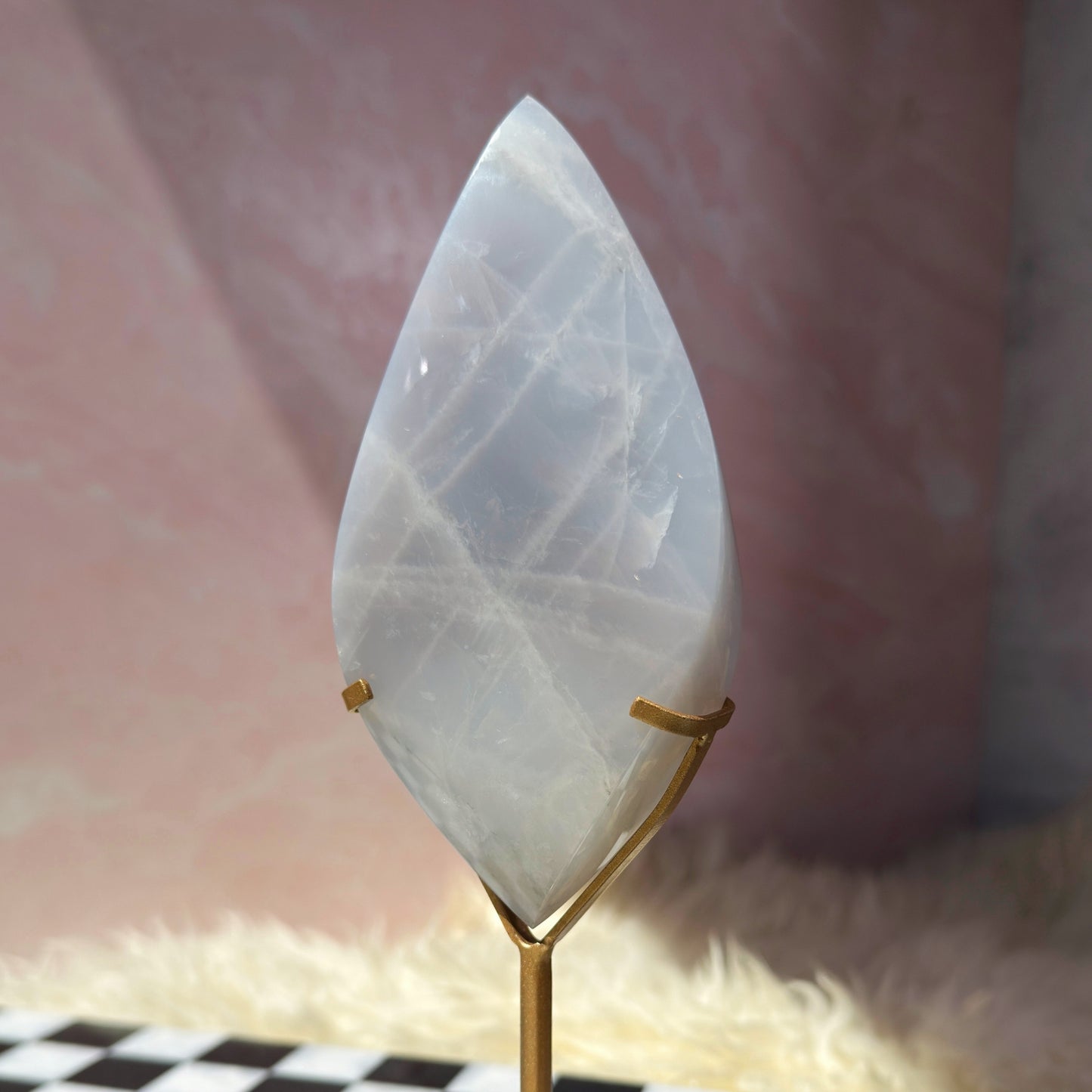 Double Terminated Blue Rose Quartz Flame on Gold Stand