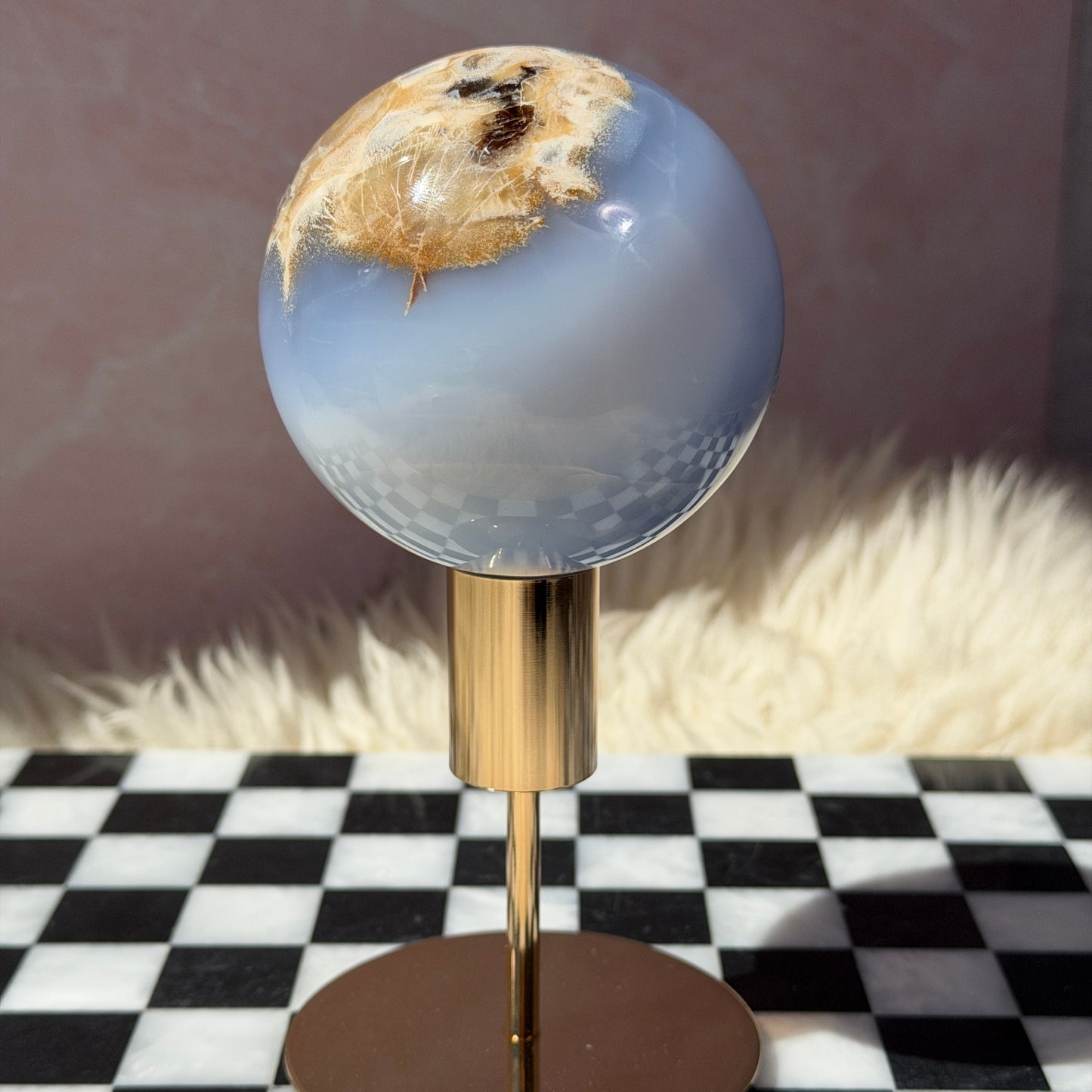 Blue Chalcedony Sphere on Gold Stand 1.6lb | Natural Madagascar Crystal