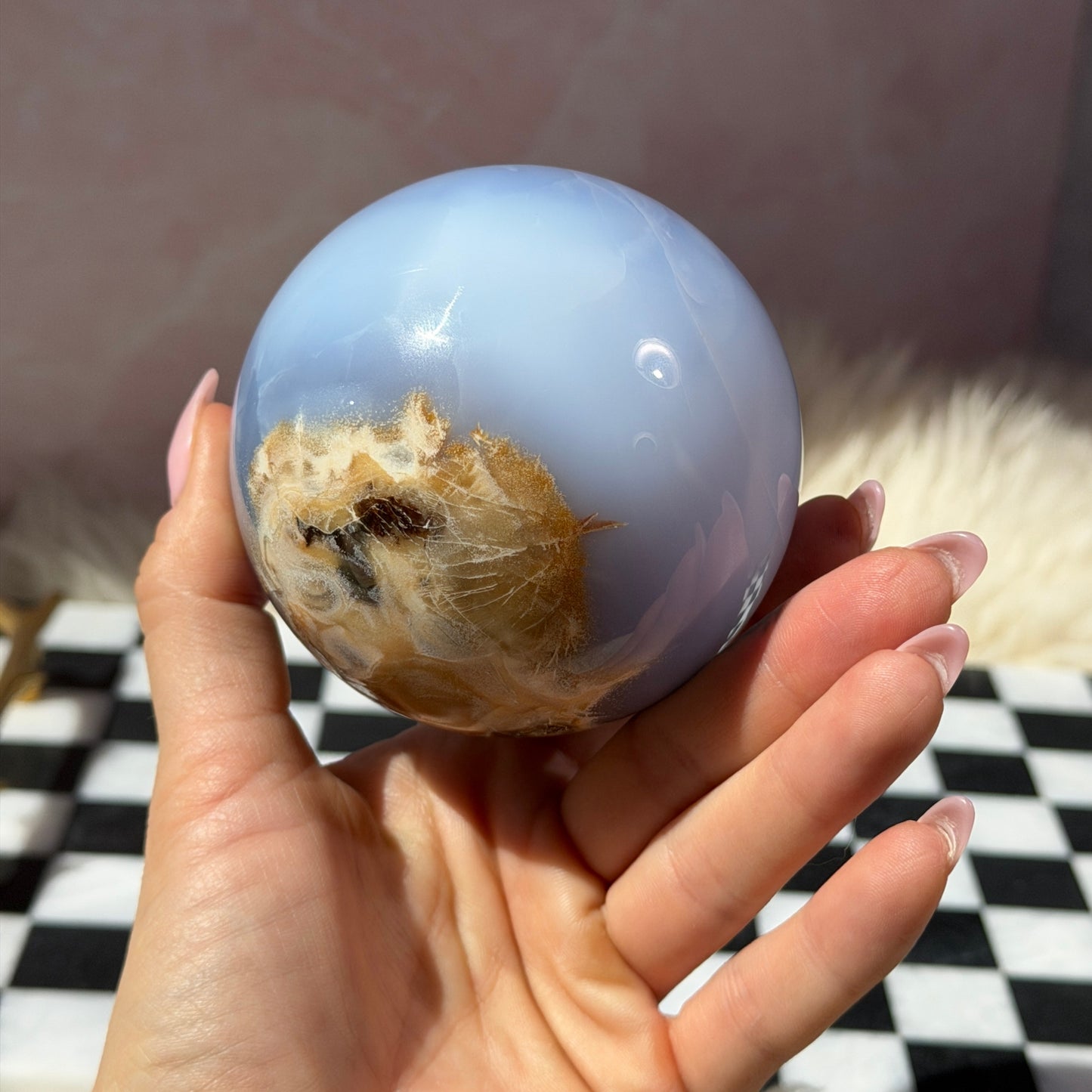 Blue Chalcedony Sphere on Gold Stand 1.6lb | Natural Madagascar Crystal