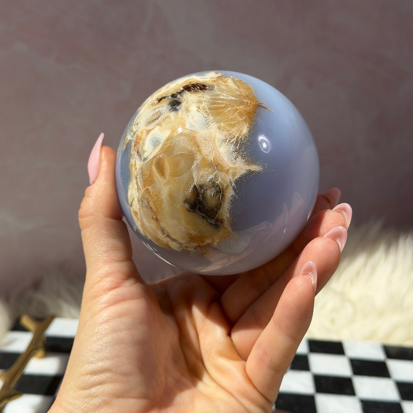 Blue Chalcedony Sphere on Gold Stand 1.6lb | Natural Madagascar Crystal
