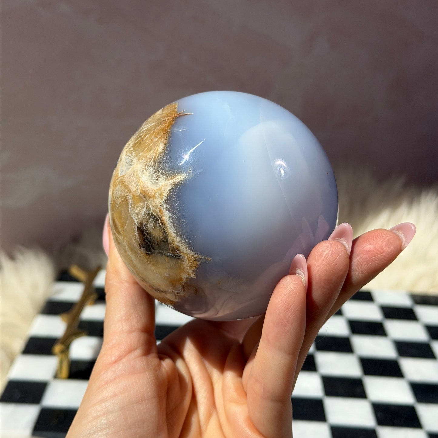 Blue Chalcedony Sphere on Gold Stand 1.6lb | Natural Madagascar Crystal