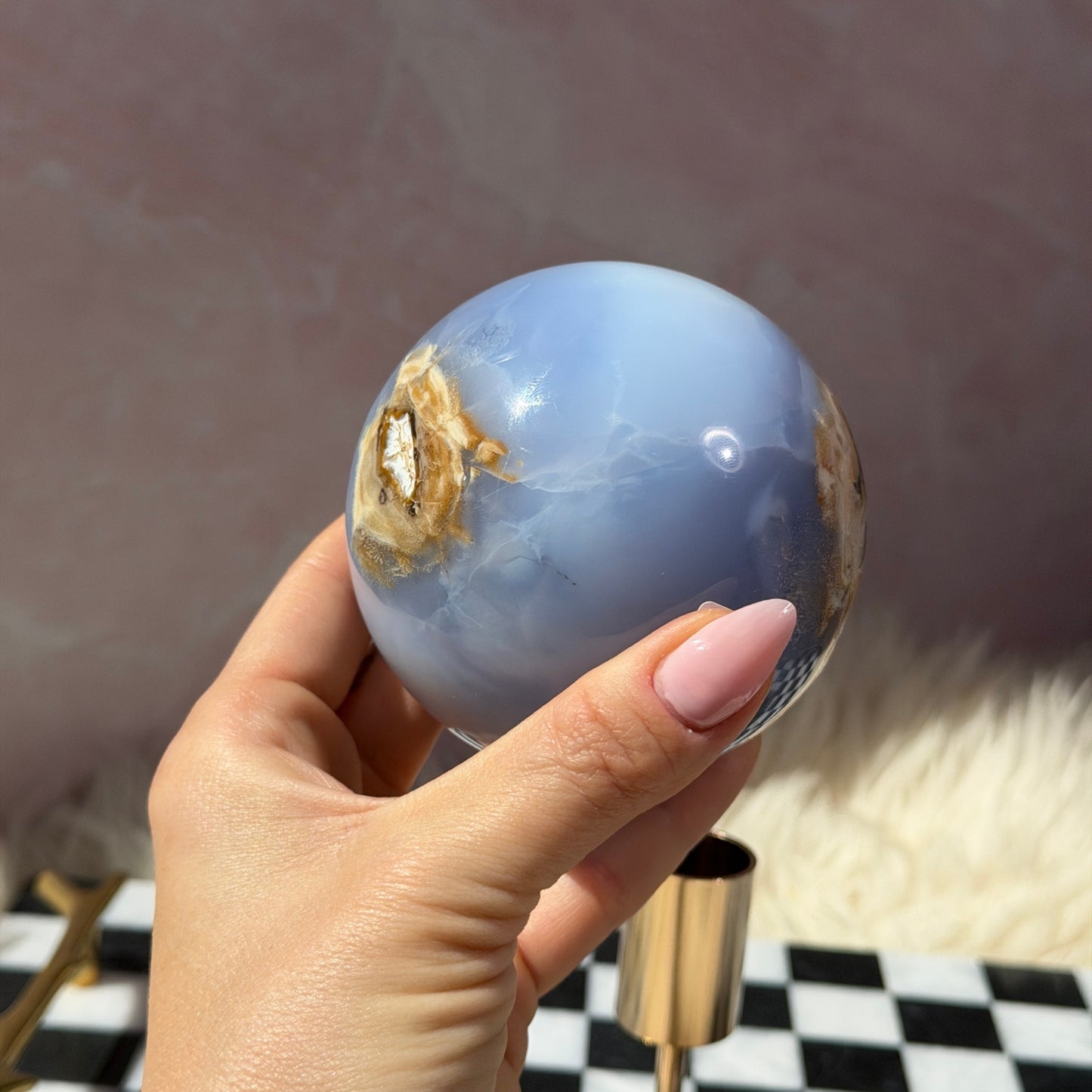 Blue Chalcedony Sphere on Gold Stand 1.6lb | Natural Madagascar Crystal