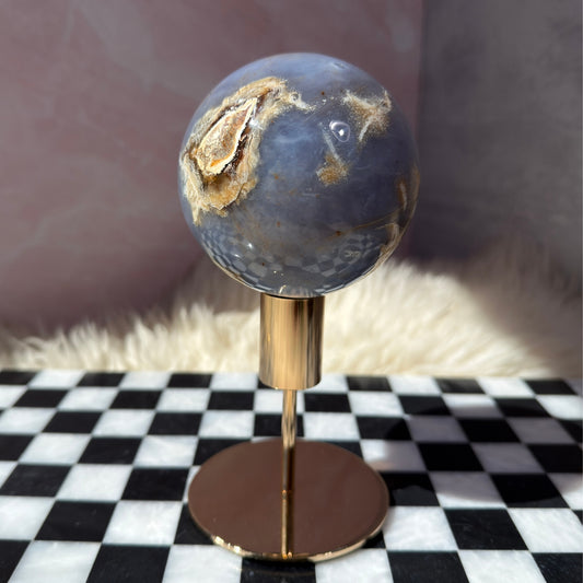 Blue Chalcedony Sphere on Gold Stand 1.85lb | Natural Madagascar Crystal