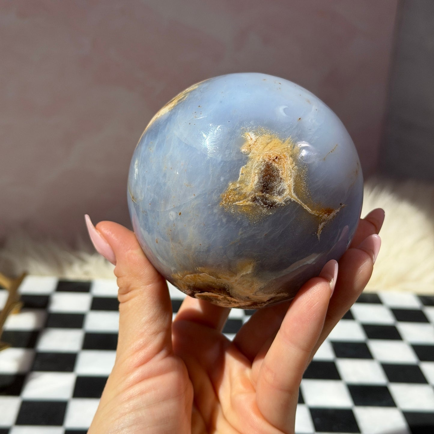Blue Chalcedony Sphere on Gold Stand 1.85lb | Natural Madagascar Crystal