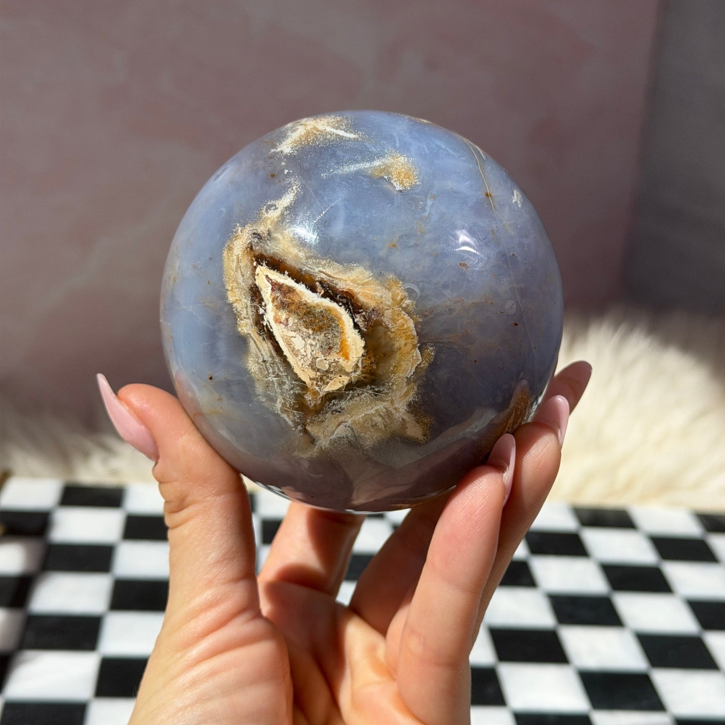 Blue Chalcedony Sphere on Gold Stand 1.85lb | Natural Madagascar Crystal
