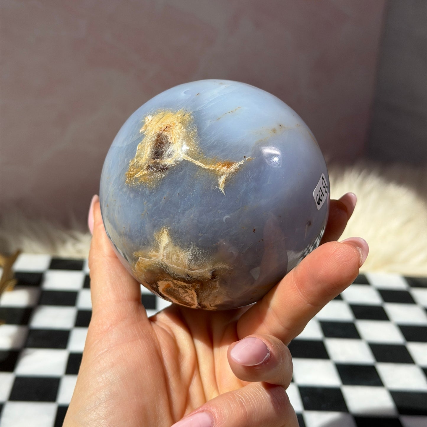 Blue Chalcedony Sphere on Gold Stand 1.85lb | Natural Madagascar Crystal