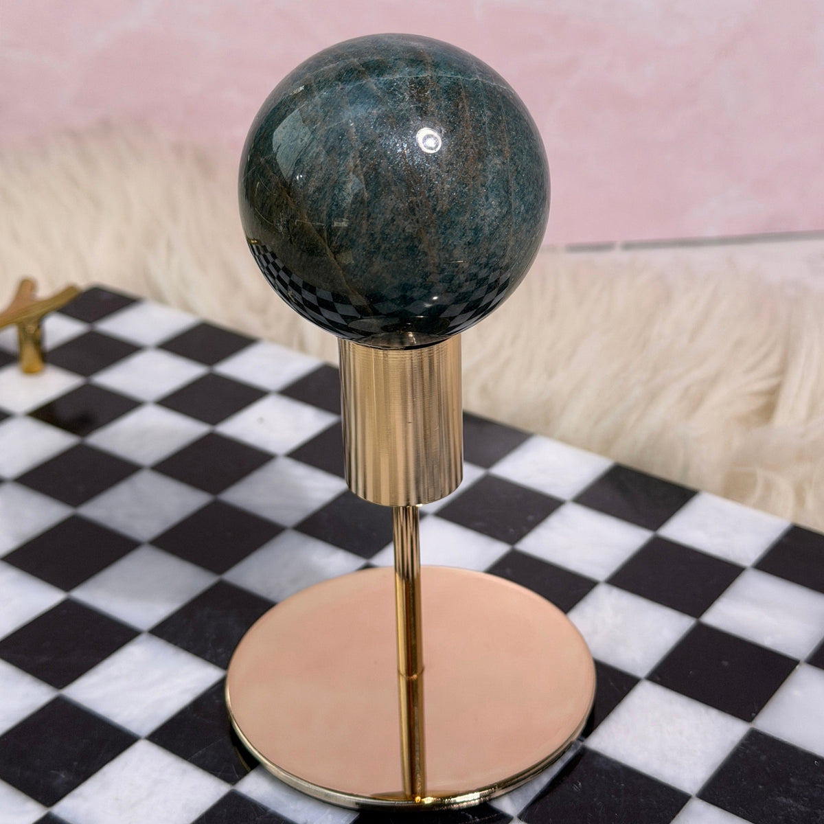 Cat Eye Blue Apatite Sphere 347g on Gold Stand Madagascar Gemstone Decor