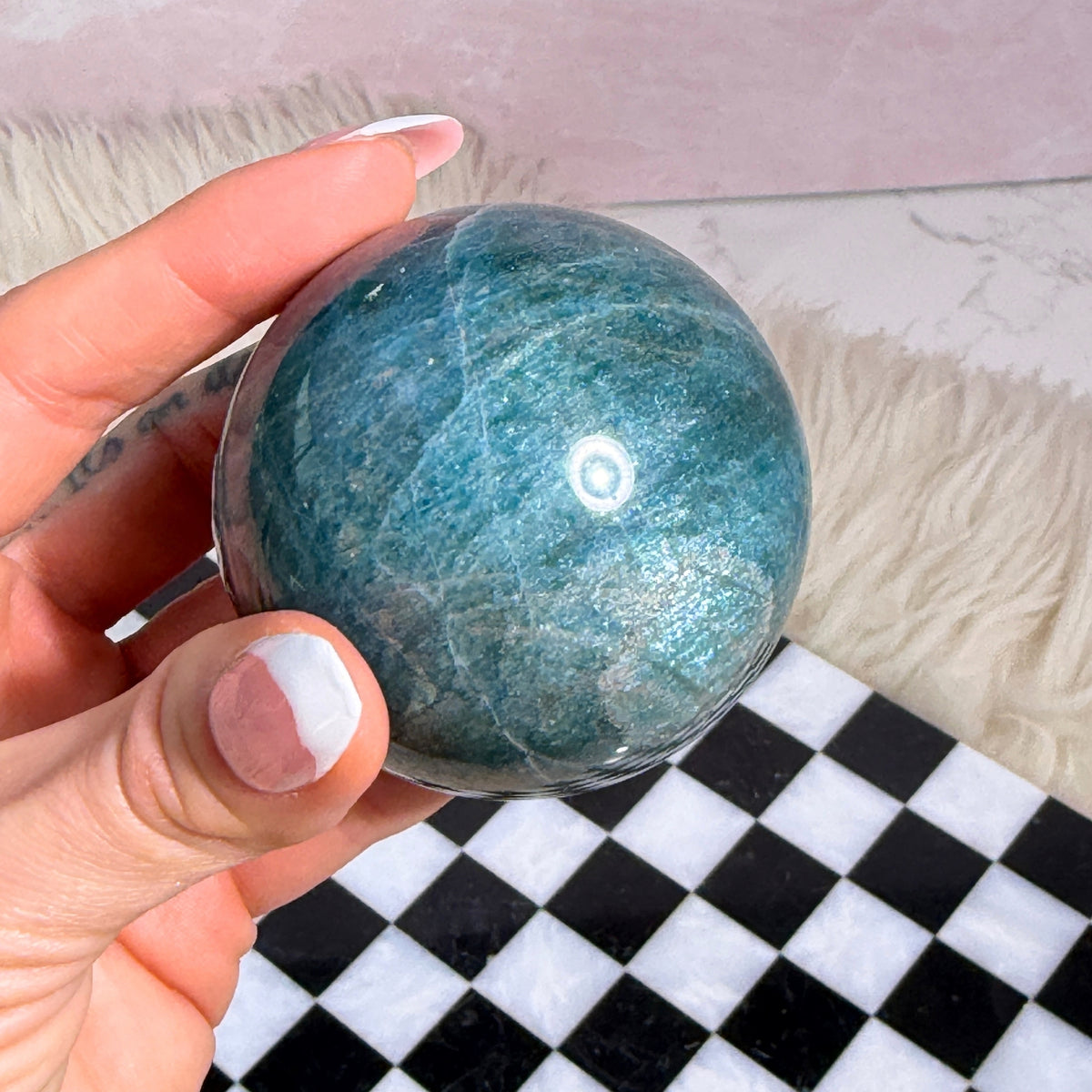 Cat Eye Blue Apatite Sphere 347g on Gold Stand Madagascar Gemstone Decor