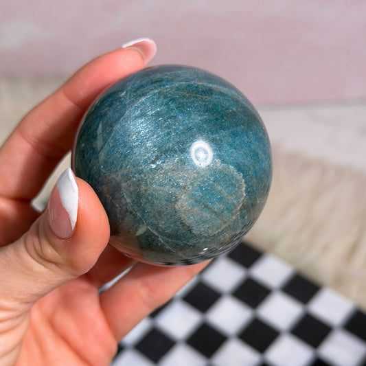 Cat Eye Blue Apatite Sphere 347g on Gold Stand Madagascar Gemstone Decor
