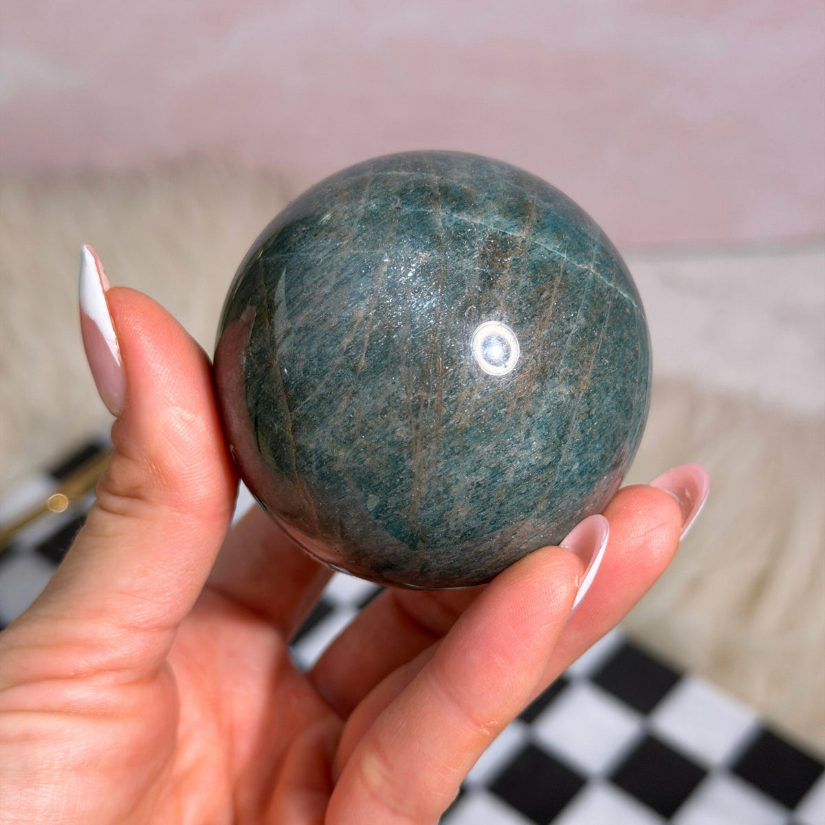 Cat Eye Blue Apatite Sphere 347g on Gold Stand Madagascar Gemstone Decor