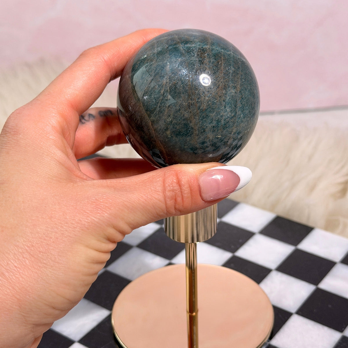 Cat Eye Blue Apatite Sphere 347g on Gold Stand Madagascar Gemstone Decor