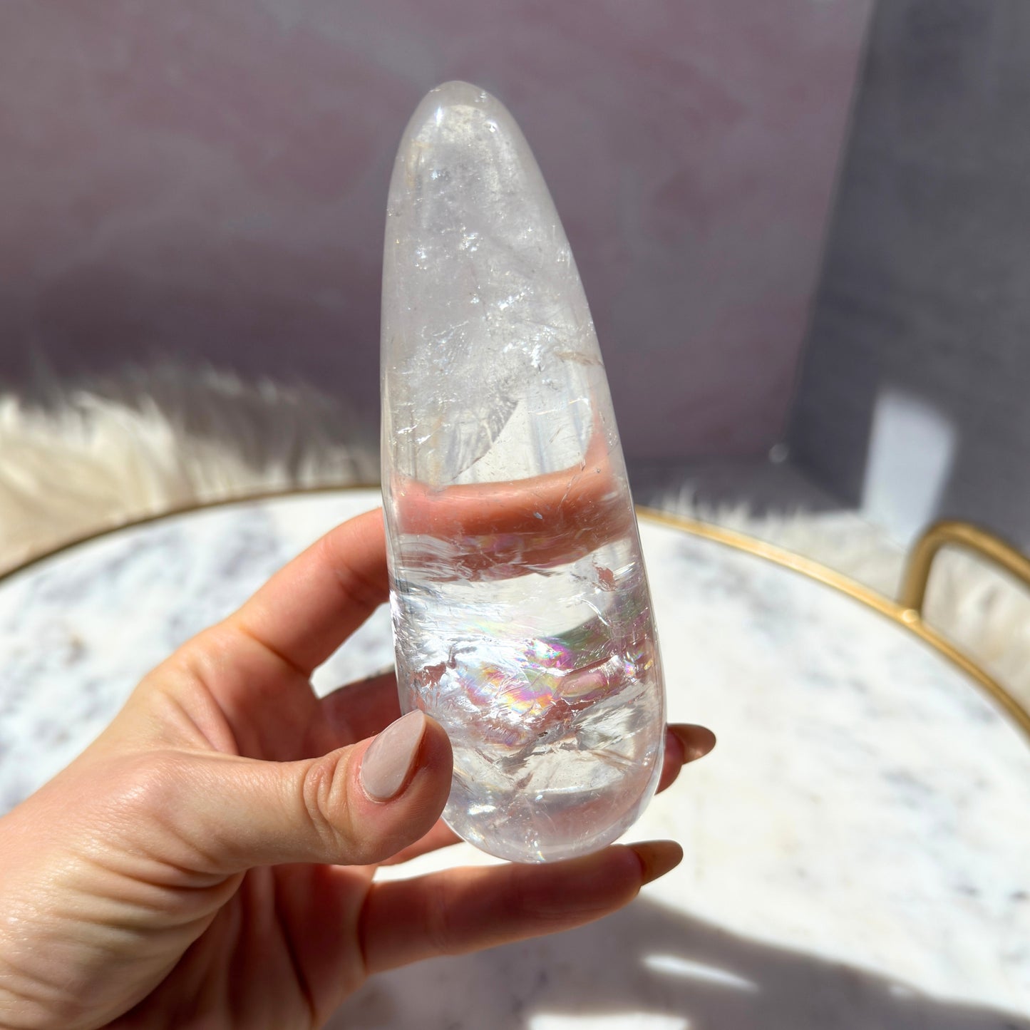 Rainbow Filled Clear Quartz Wand with Acrylic Stand 0.73 lb