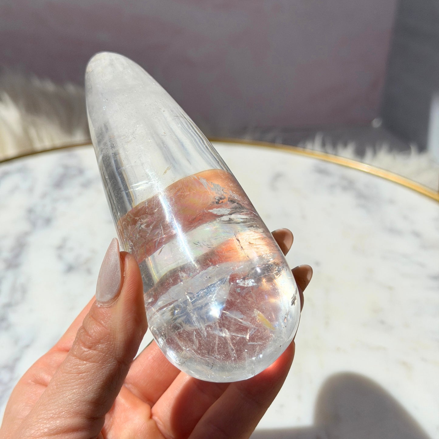 Rainbow Filled Clear Quartz Wand with Acrylic Stand 0.73 lb