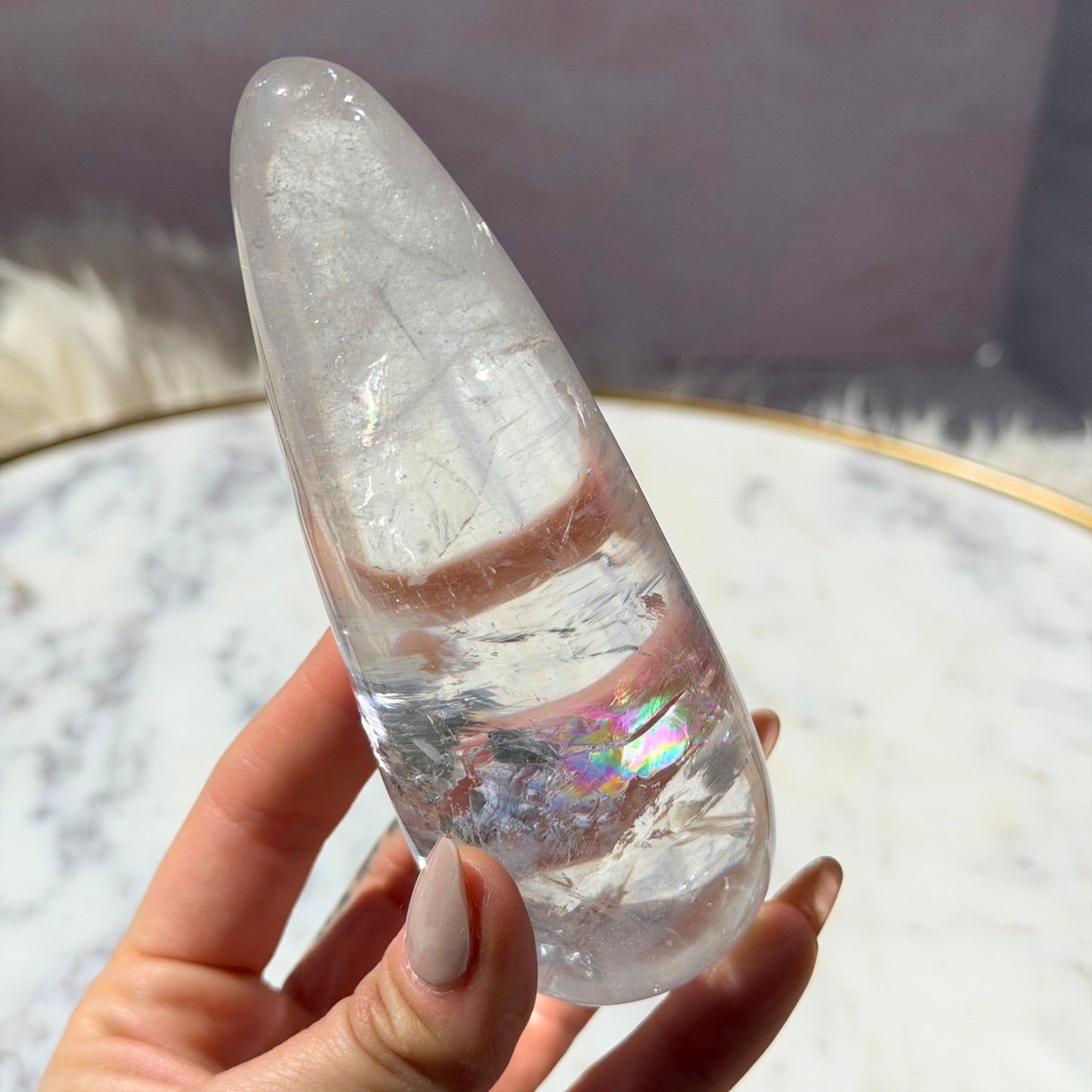 Rainbow Filled Clear Quartz Wand with Acrylic Stand 0.73 lb