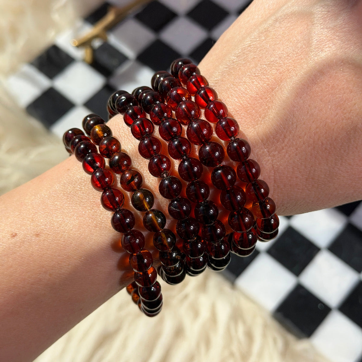 Cherry Red Baltic Amber Beaded Bracelet Lithuanian Natural Gemstone Jewelry (Bead size: 8mm)