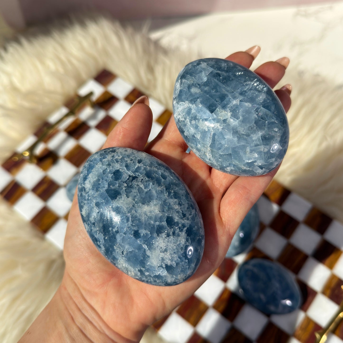 Electric Blue Calcite Palm Stone 0.4lb | Natural Madagascar Crystal