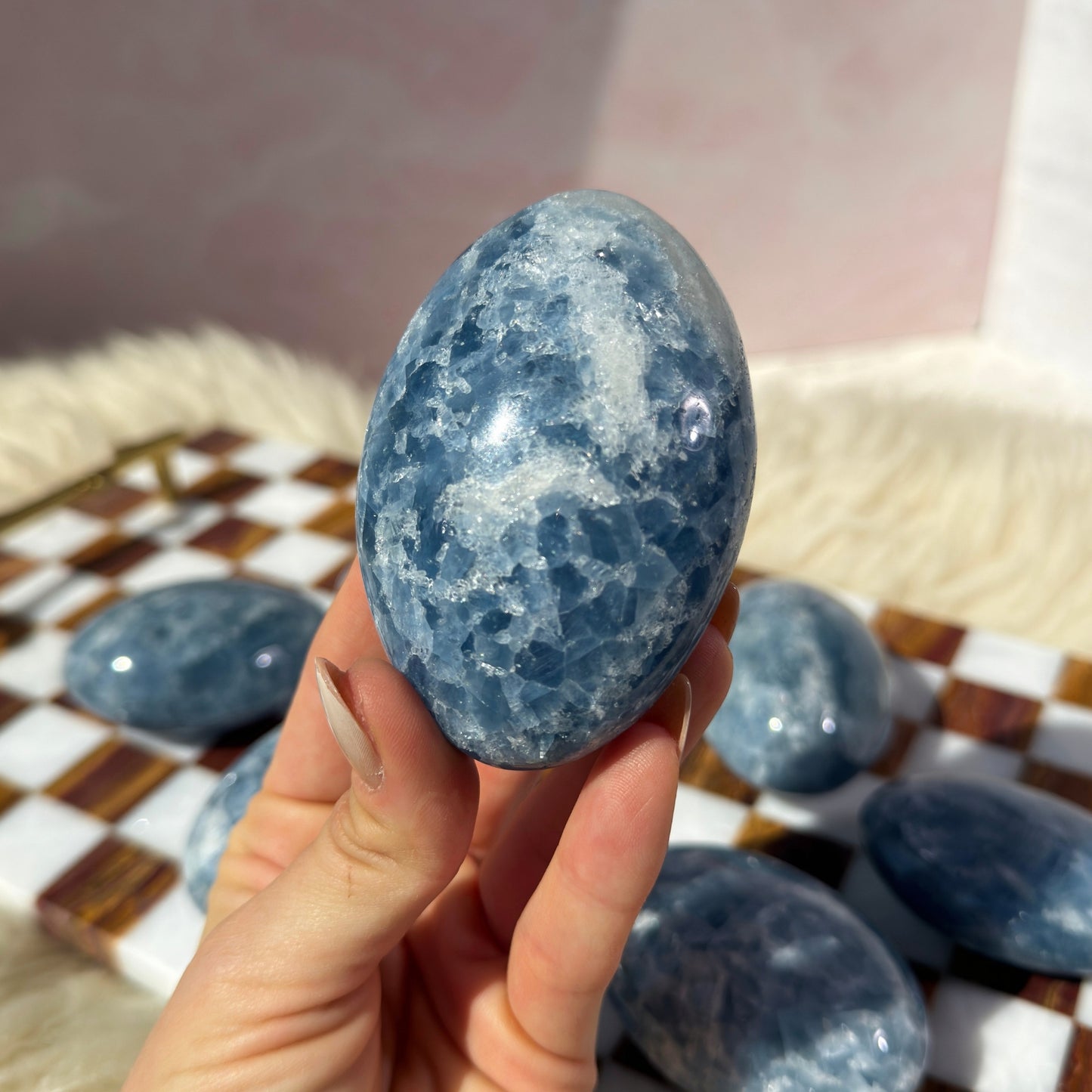 Electric Blue Calcite Palm Stone 0.4lb | Natural Madagascar Crystal