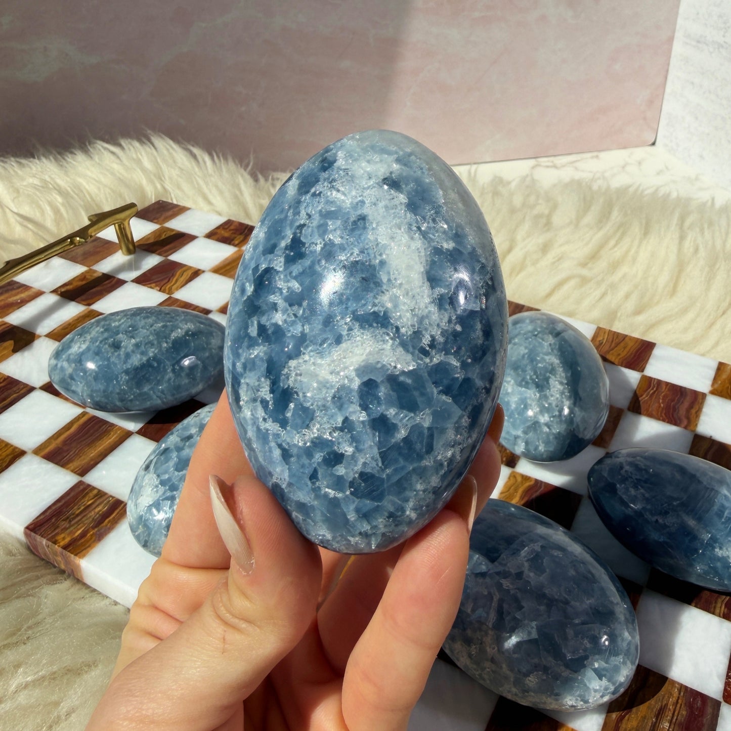 Electric Blue Calcite Palm Stone 0.4lb | Natural Madagascar Crystal