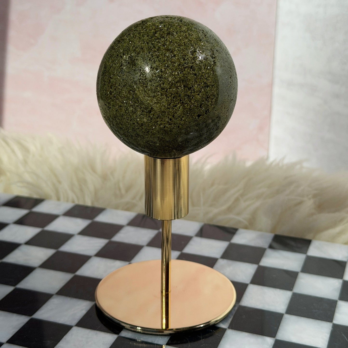 Sparkly Green Epidote Sphere 1.5lb with Gold Stand