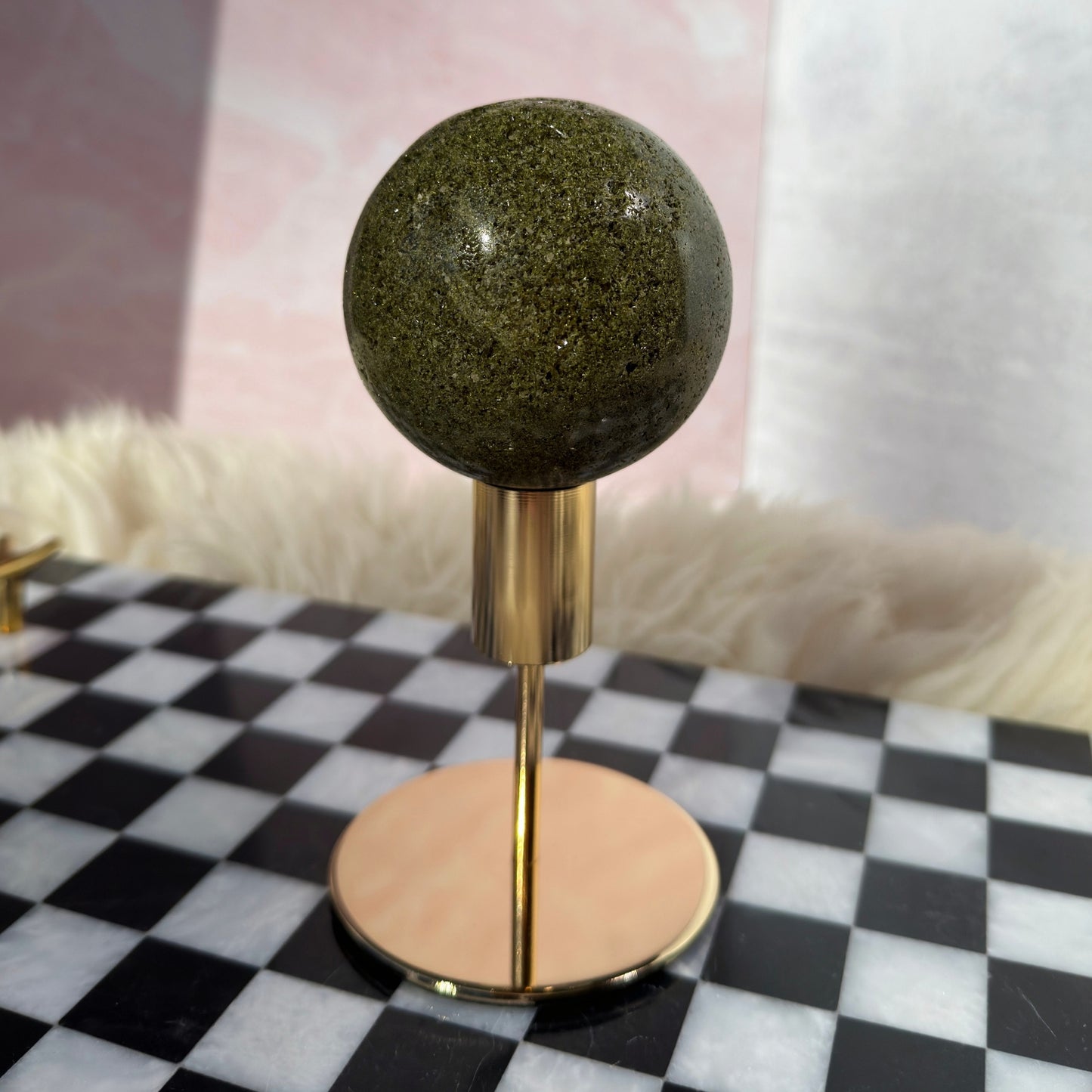 Sparkly Green Epidote Sphere 1.5lb with Gold Stand