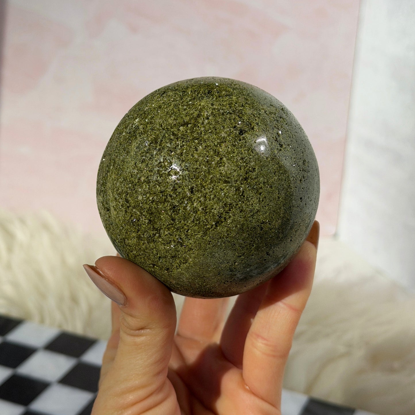 Sparkly Green Epidote Sphere 1.5lb with Gold Stand