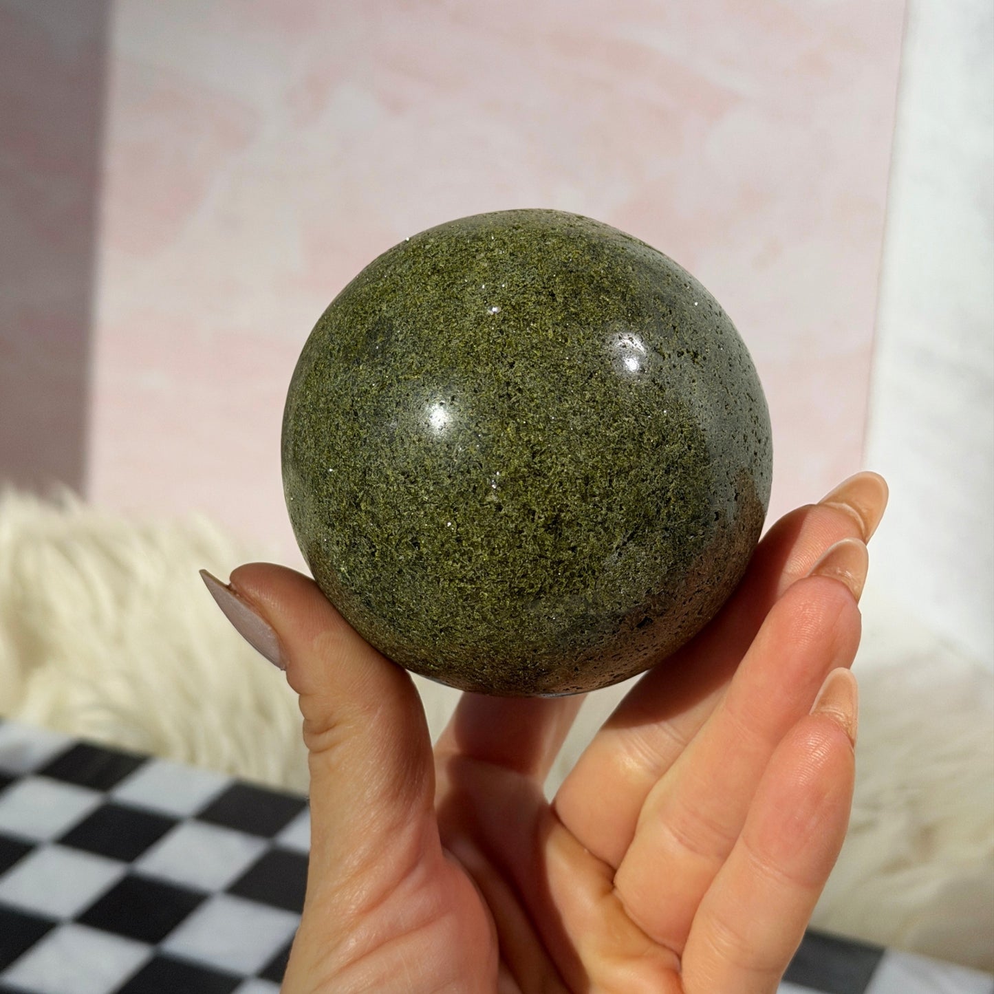Sparkly Green Epidote Sphere 1.5lb with Gold Stand