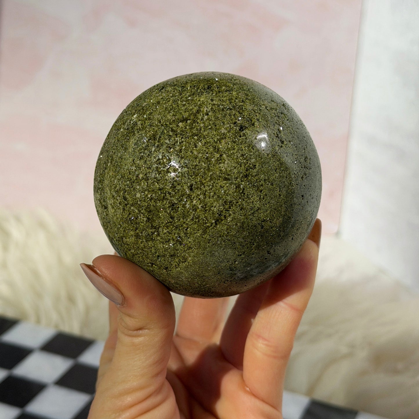 Sparkly Green Epidote Sphere 1.5lb with Gold Stand