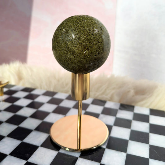Sparkly Green Epidote Sphere 1.5lb with Gold Stand