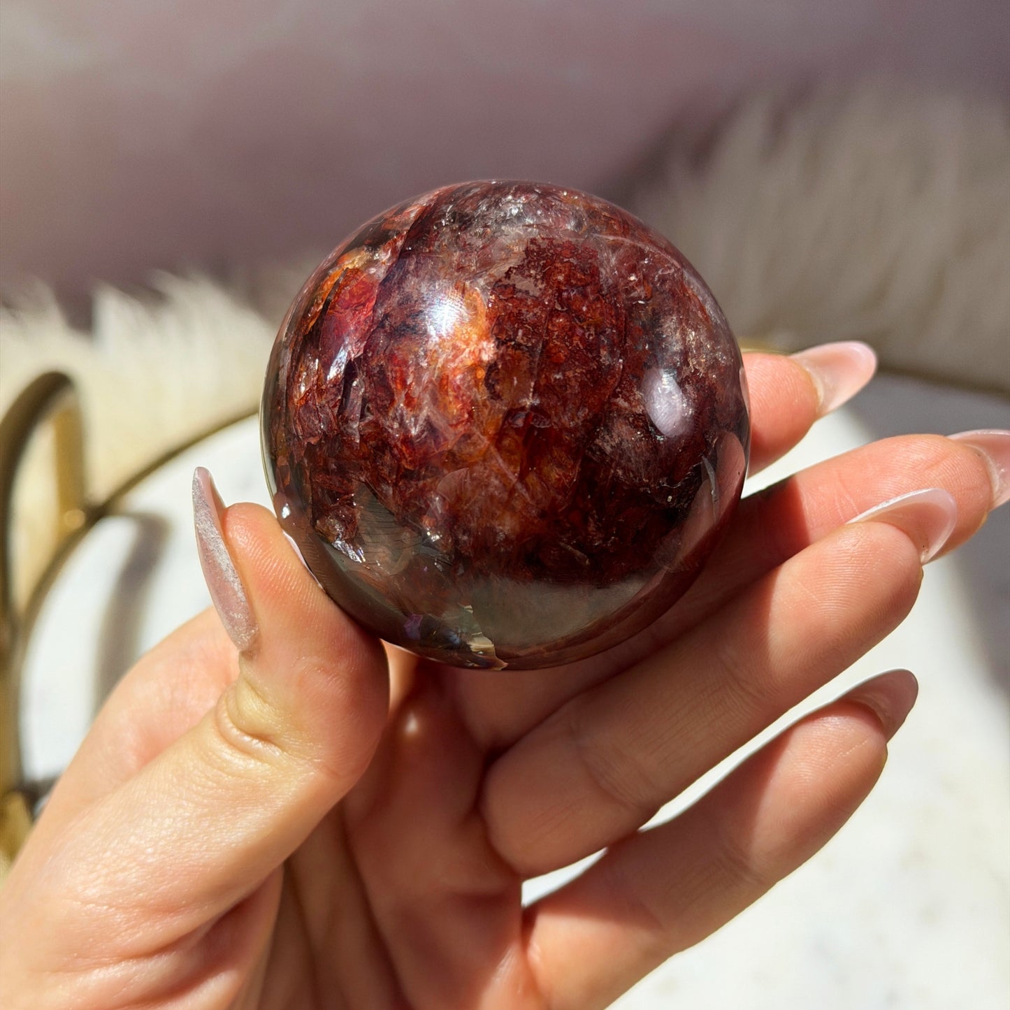 AAA Saturated Fire Quartz Sphere on Gold Stand 0.55lb #1 | Natural Brazil Crystal