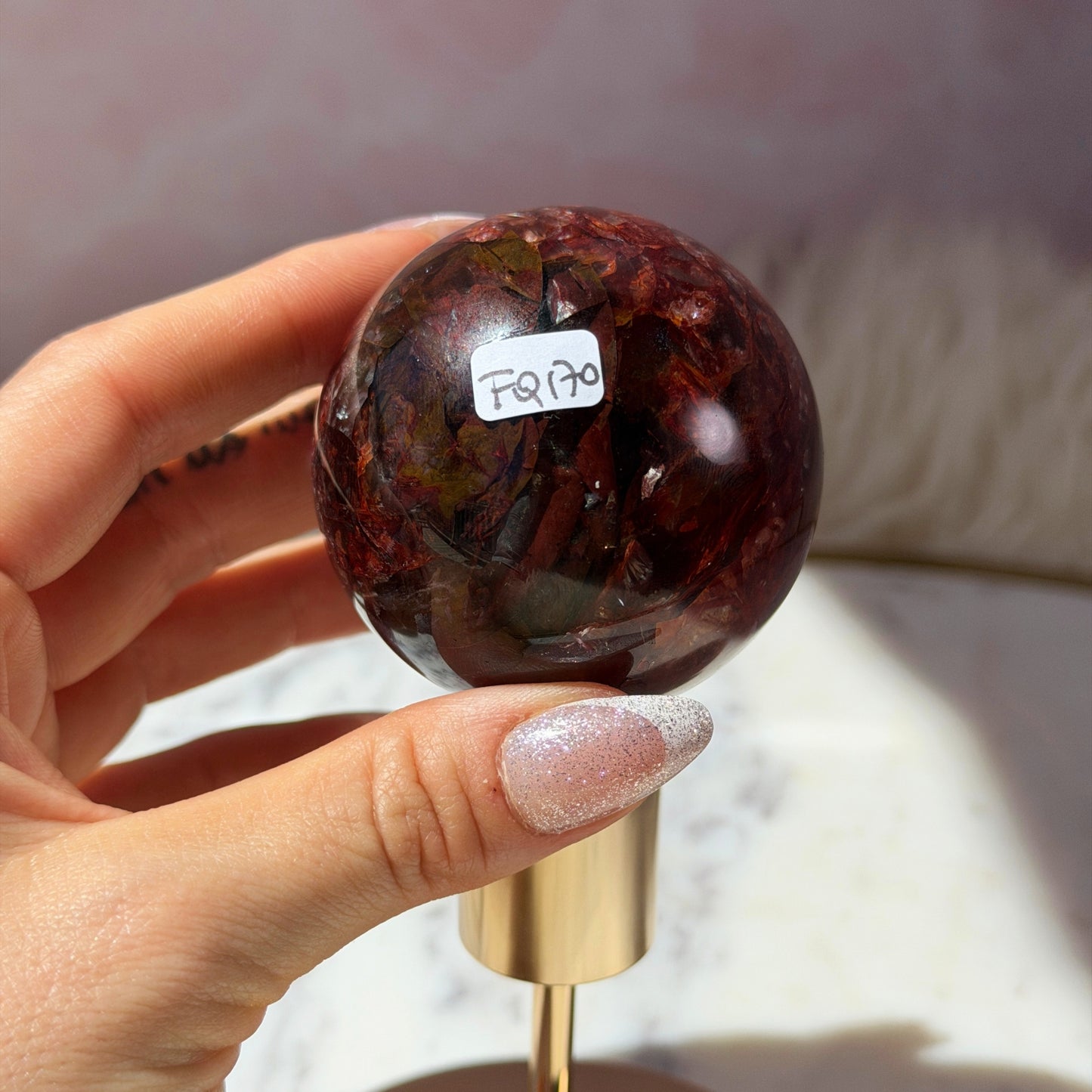 AAA Saturated Fire Quartz Sphere on Gold Stand 0.55lb #1 | Natural Brazil Crystal