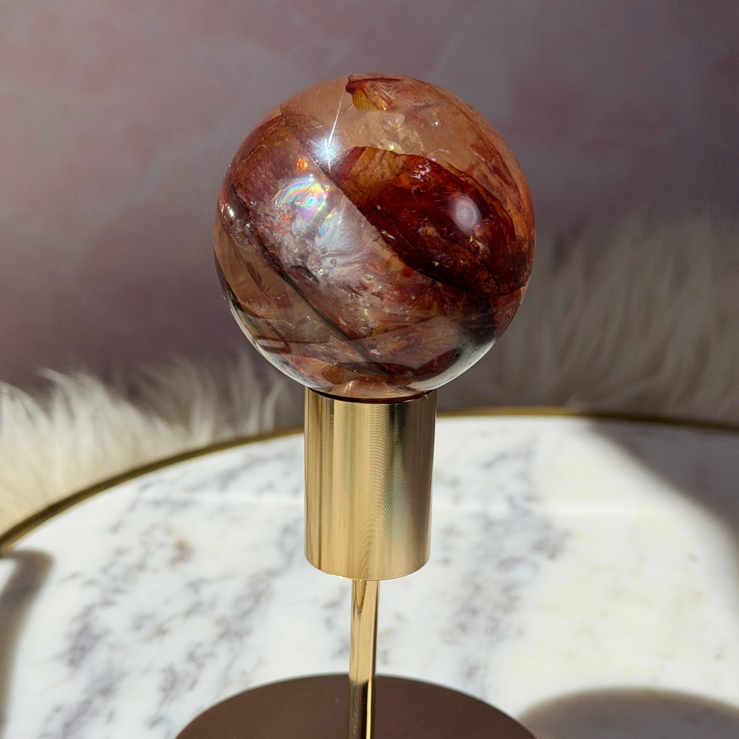 AAA Saturated Fire Quartz Sphere on Gold Stand 0.55lb #2 | Natural Brazil Crystal