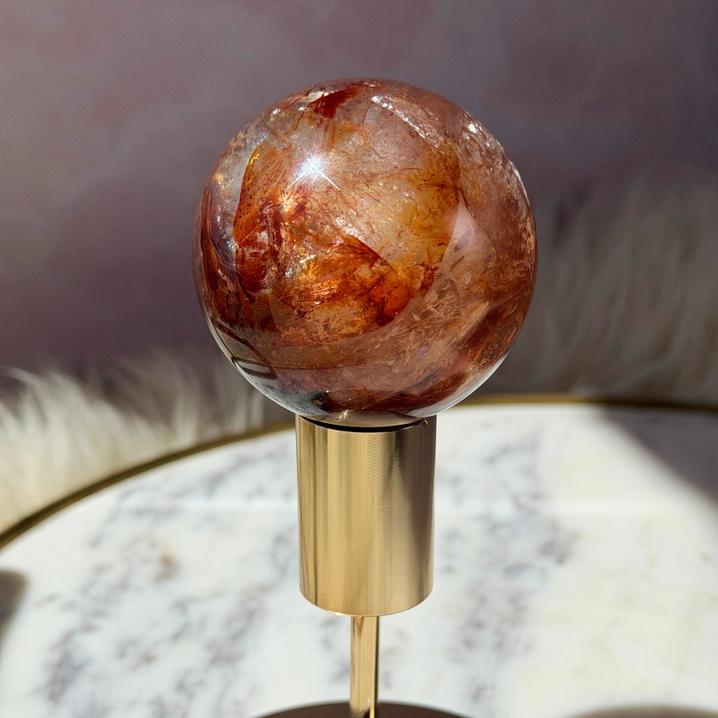 AAA Saturated Fire Quartz Sphere on Gold Stand 0.55lb #2 | Natural Brazil Crystal