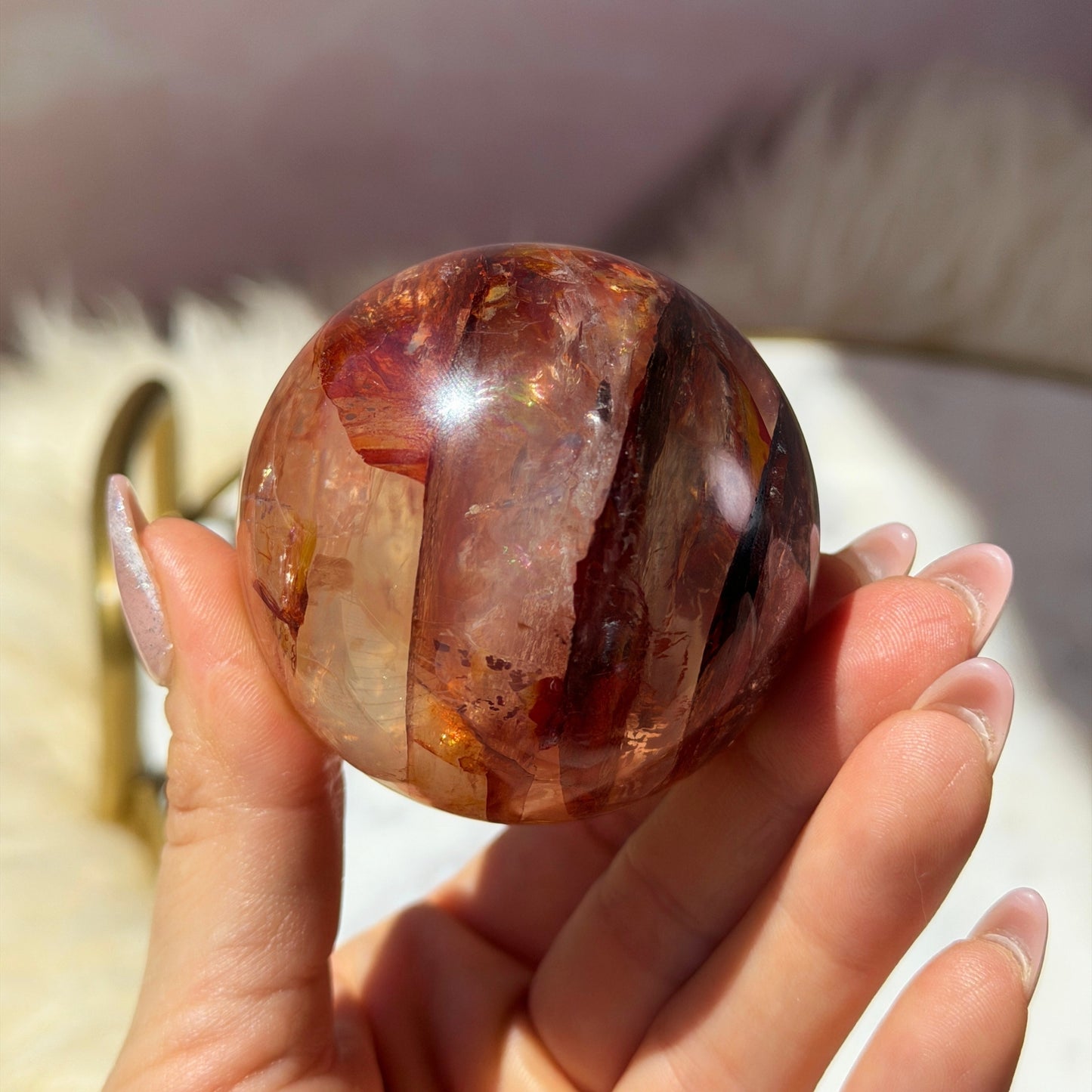 AAA Saturated Fire Quartz Sphere on Gold Stand 0.55lb #2 | Natural Brazil Crystal