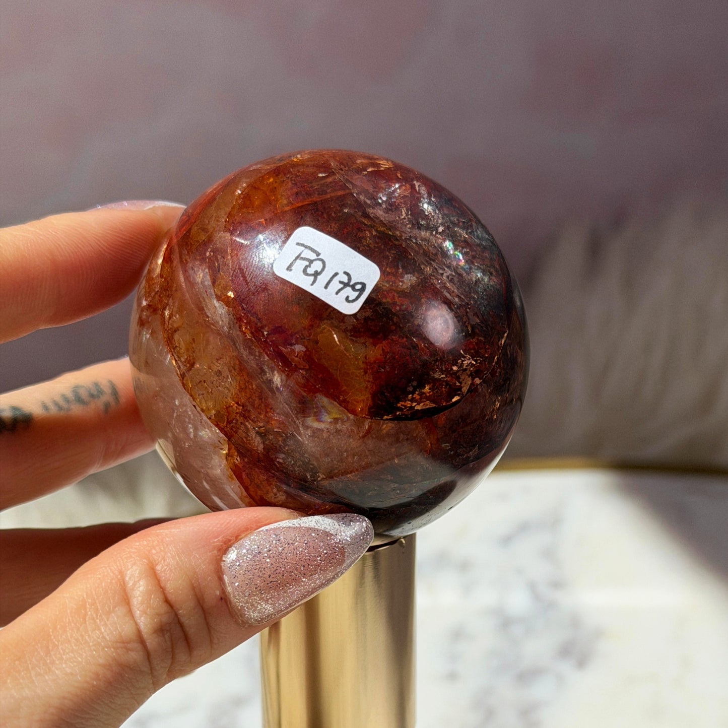 AAA Saturated Fire Quartz Sphere on Gold Stand 0.55lb #2 | Natural Brazil Crystal